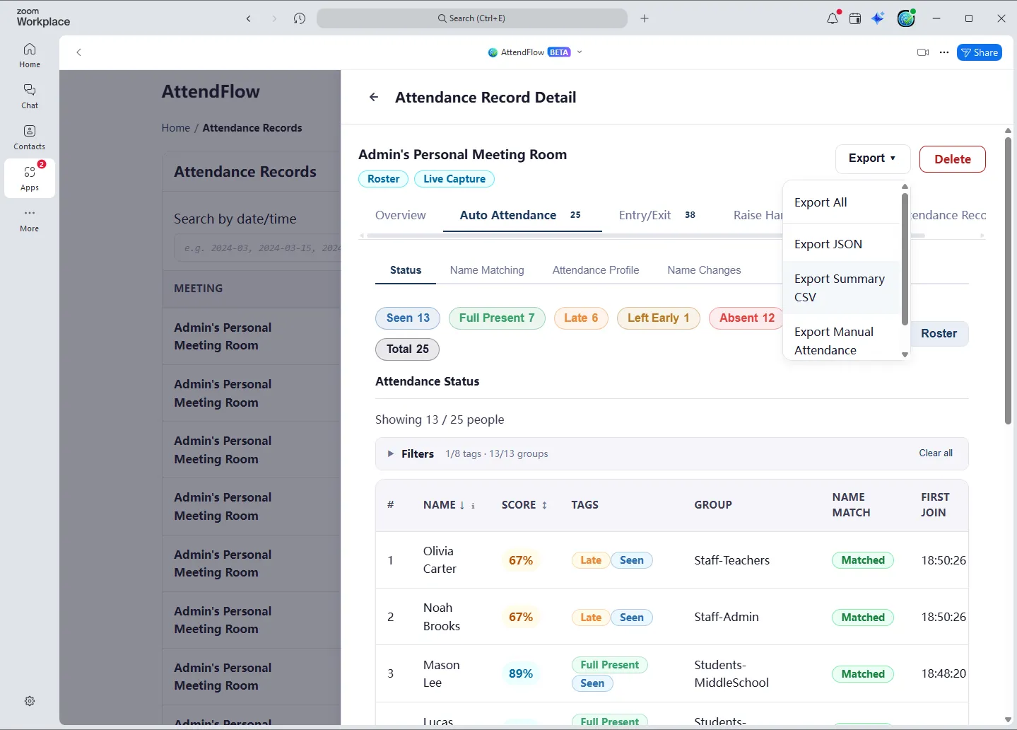 Attendance Records page