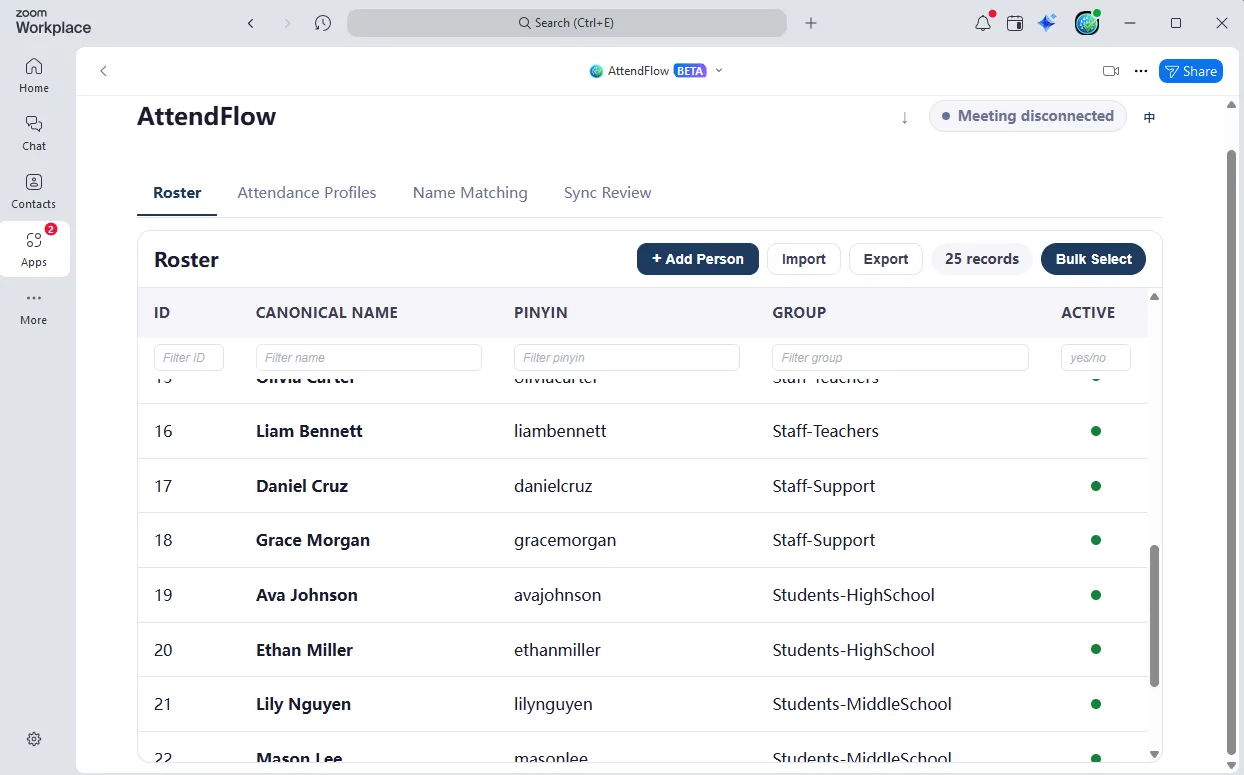 Roster Management page