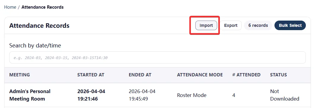 Import Attendance Records button in the Attendance Records list view