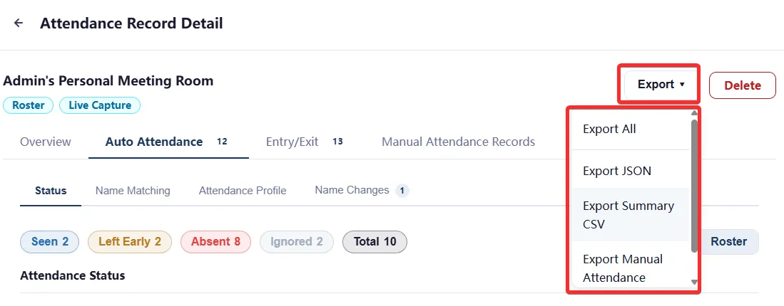Exporting options for Attendance Records