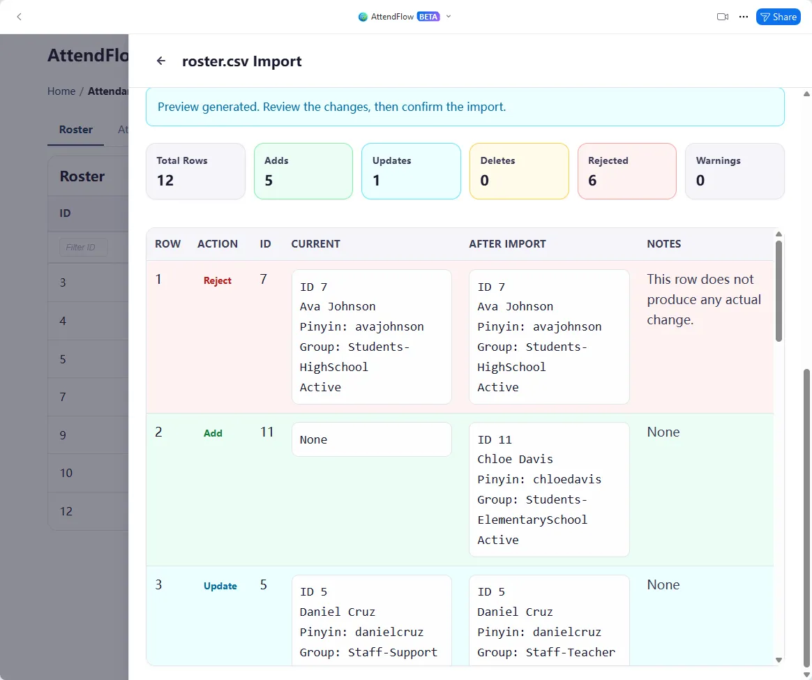 Roster Import showing a Reject, Add, and Update in preview panel