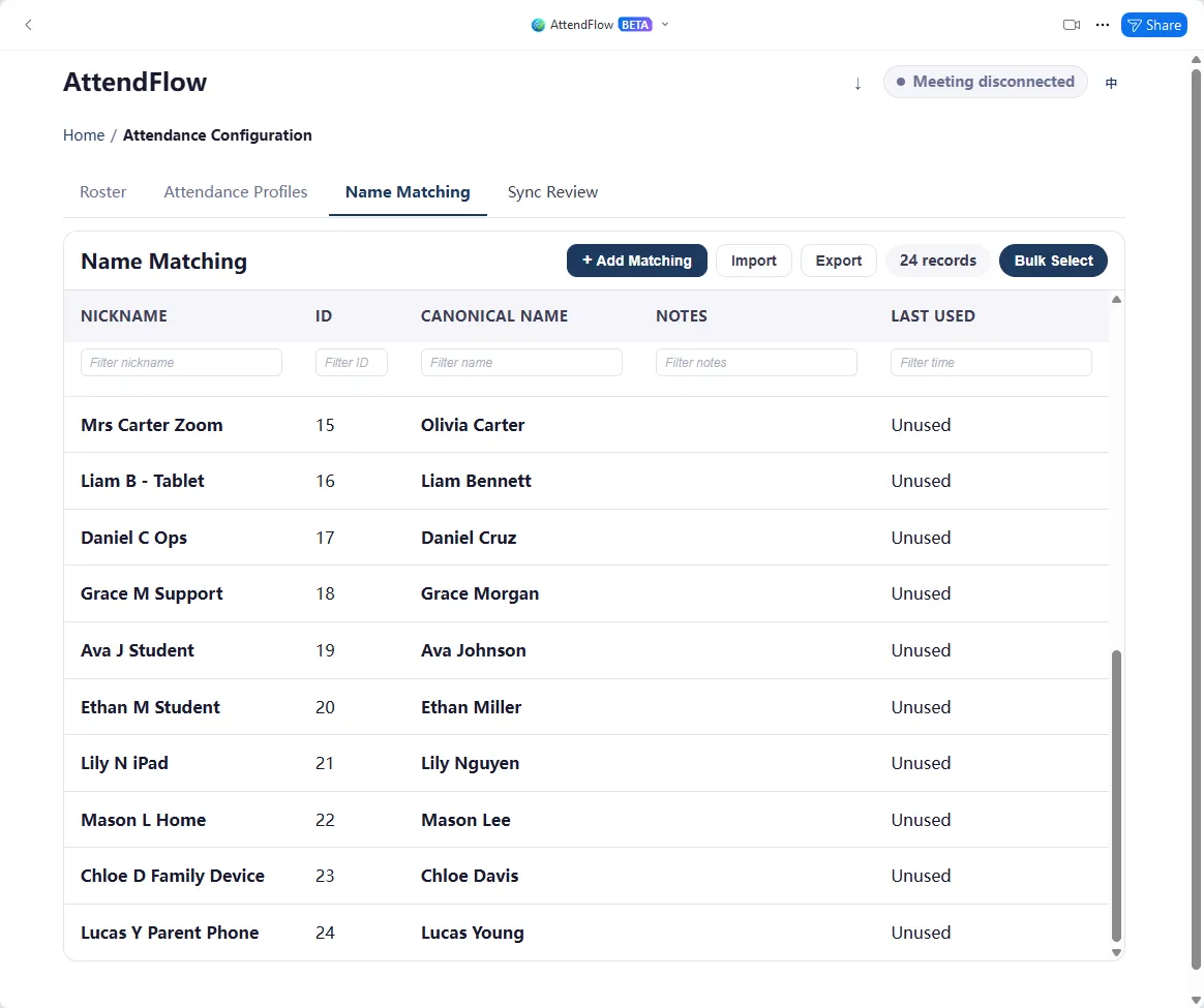 Name Matching rules editor