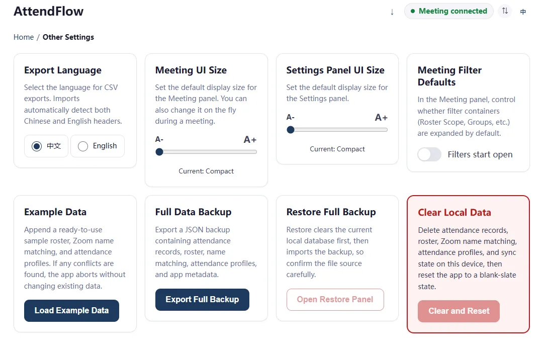 Other Settings page