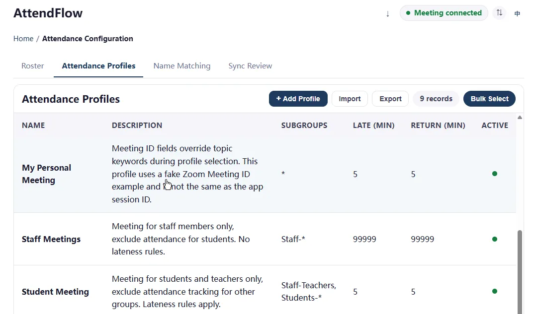 Attendance Profiles page
