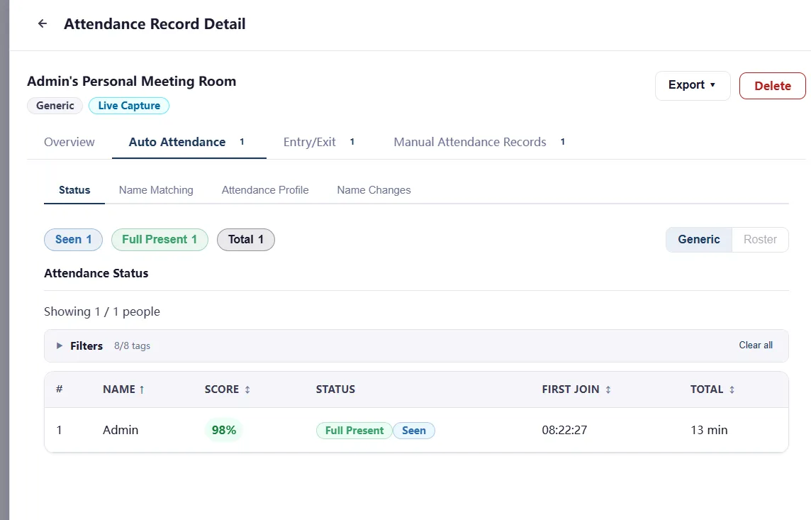 Detail view of an attendance record