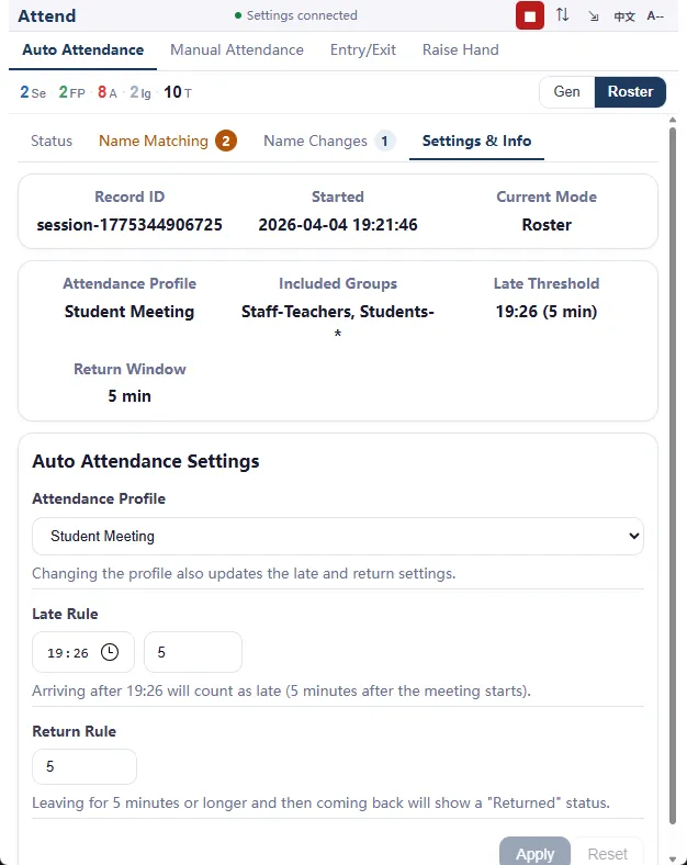 Settings & Info Tab